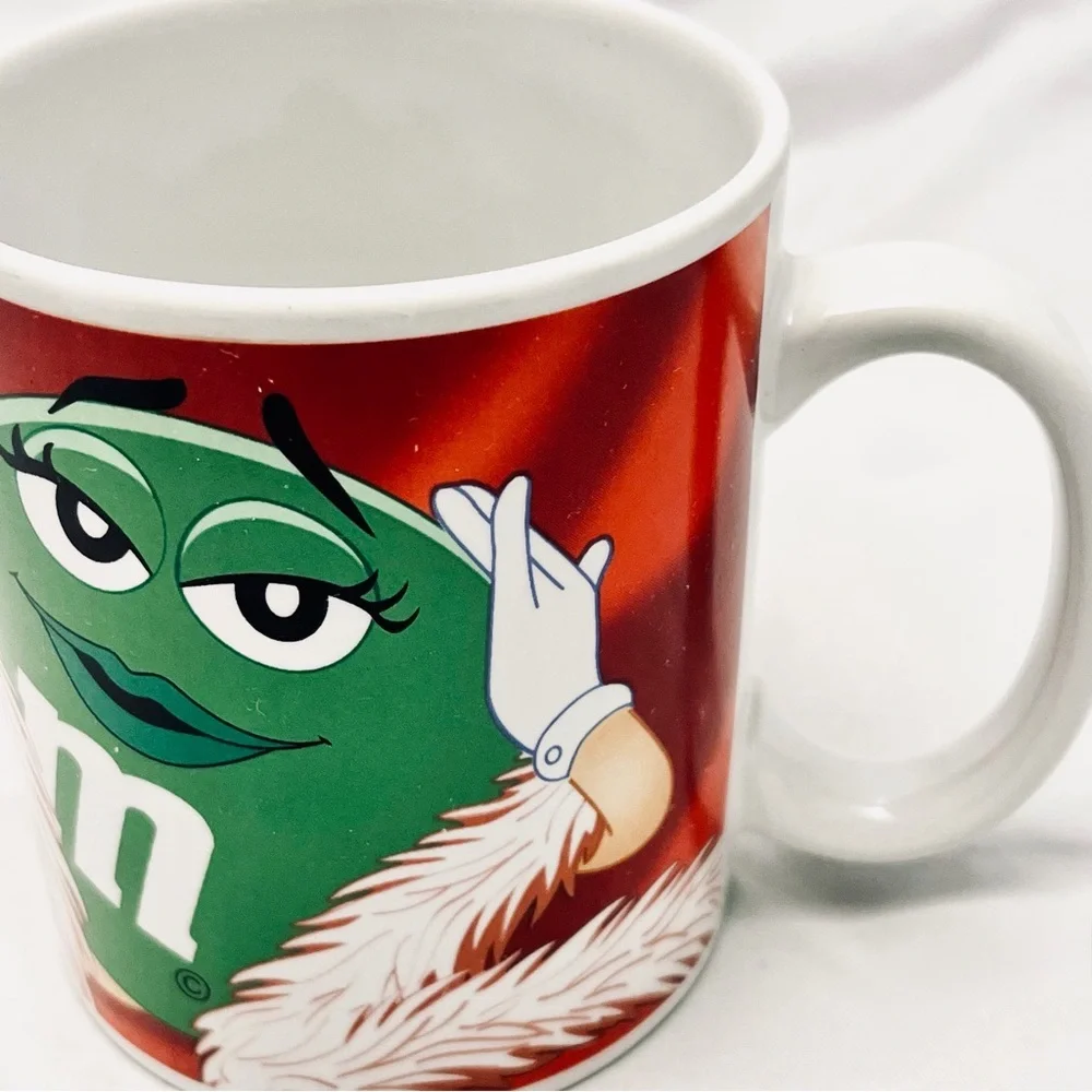 Coffee Mug - Green M&M, White Feather Boa and Pink Rose, EUC